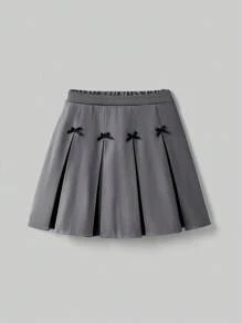 Ontre Tween Girls' Summer Casual Collegiate Style Solid Color Contrast Bow Decor Pleated Mini Skirt
