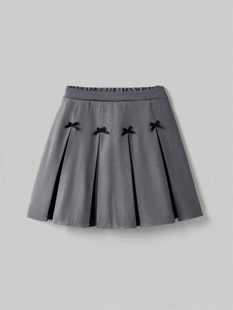 Ontre Tween Girls' Summer Casual Collegiate Style Solid Color Contrast Bow Decor Pleated Mini Skirt
