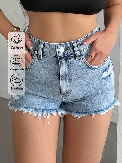 EURMUSE DAMES HIGH WAIST MINI SHORT LICHTBLAUWE WASH DISTREET STYLE DESTROY JEAN RAW EDGE