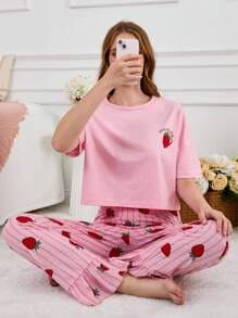RueChic Cotton 2Pcs Heart Printed Detail Short Sleeve Shirt And Flywheel Detail Long Bottoms PJ Set - Pink - View 4