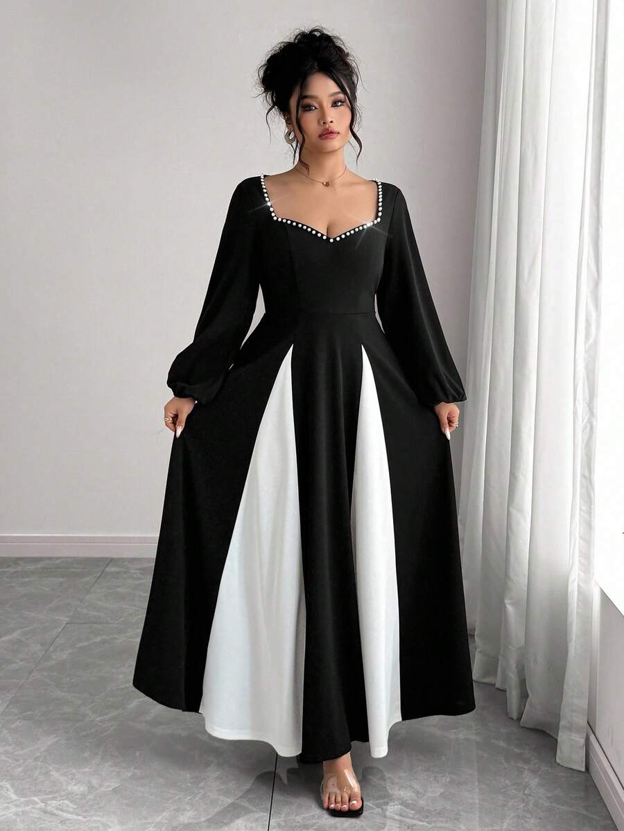 Elenzga Robe de fête en tricot de grande taille avec patchwork au col en forme de cœur perlé et ourlet, pour l'automne/hiver - Noir et Blanc - Voir 1