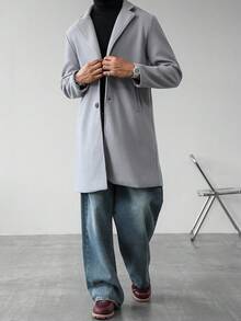 Manfinity Homme Áo khoác len dài đơn hàng ngày, cổ ve trơn màu, cài nút, dành cho nam, thu đông - Xám - Xem 5