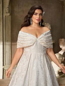 Aureia Plus Size Autumn And Winter Elegant Gorgeous White Luxury Off-Shoulder Gathered Chest Shape A-Line Hem Medium Long Suitable For Dinner Party Bachelorette Party Vacation Date Music Festival Dance Holiday Wedding Event Birthday Bridal Gift Dress - White - View 7