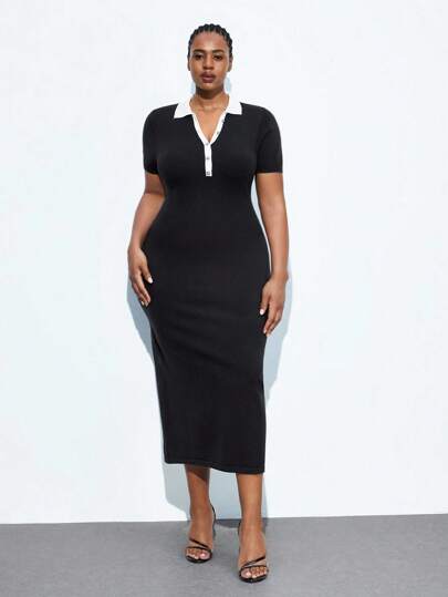 Maija 秋冬款大码黑色修身短袖针织连衣裙（白色饰边）