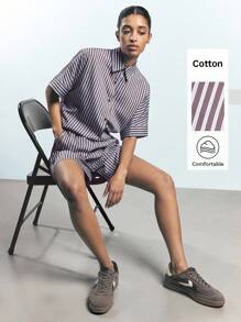 Maija 2 件女式条纹纽扣前衬衫和短裤套装，节日