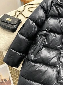 SHEIN 1pc Teen Girl Black Casual Outdoor Solid Color Thickened Hooded Long Jacket With Pockets, Autumn/Winter Fall - Black - View 5