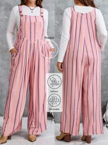 EMERY ROSE Plus Size Women's Pastel Pink Striped Summer Boho Vacation Holiday Casual Pocket Design Pleated Wide Leg Palazzo Jumpsuit Fall Long Clothes - Multicolor - View 3