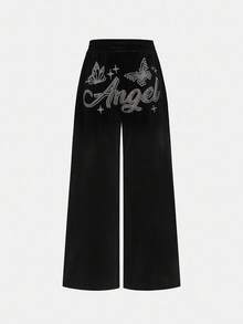 Tween Girl Velvet Rhinestone Hoodie & Fitted Pants 2pcs Suit Set, Fashion Casual Outfit For Halloween, Christmas Party, Weekends, Casual Outing Fall Winter - Black - View 13