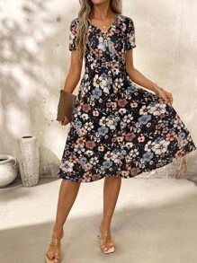 SHEIN Clasi V-Neck Button Red Polka Dot Waist Cinched Women Dress,Spring Clothes,Valentine Day Dress,Casual Dresses For Women - Black - View 6