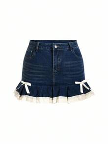 SHEIN x PRISCILA & JIMENA ROMWE Kawaii Váy chữ A denim chắp vá ren trang trí nơ phong cách dễ thương Himekaji dành cho nữ - Màu xanh lam - Xem 1