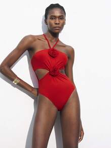 Maija Body con decoración floral, corte en la cintura y cuello halter para mujer, sexy para el Día de San Valentín y festivales - Rojo - Ver 4
