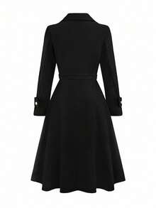 SHEIN Clasi Clasi加大码女式纯色V领长袖系腰优雅大衣，秋冬季 - 黑色 - 查看 2