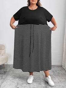 SHEIN CURVE+ Kurvenreiche Große Größen/Herbstkleidung/Herbstmode für Frauen/Winterkleidung für Frauen/Wintermode Große Größen Modische Lässig-bis-Business Elegante Free People Schulanfang, Outfit für Lehrer, Business-Profi, Pride-Bekleidung Schwarzes Kleid, Herbst, Konzerte, Damen Rundhals Taschen Mini Kleid, Gestreiftes Maxikleid