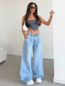 EURMUSE Women High Waist With Pockets Wide Leg Loose Casual Versatile Jeans Women Clothing Y2k Women Summer Clothing Women Summer Sets Woman S Summer Clothes - Medium Wash - View 4