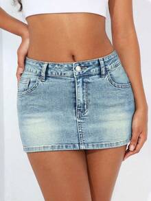 SHEIN ICON Sexy Fitted Mini Denim Skirt, Summer
