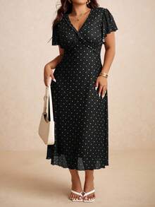 Elaquor Váy maxi chấm bi cổ chữ V xoắn lãng mạn tối giản cổ điển cỡ lớn dành cho nữ, mùa hè - màu đen - Xem 3