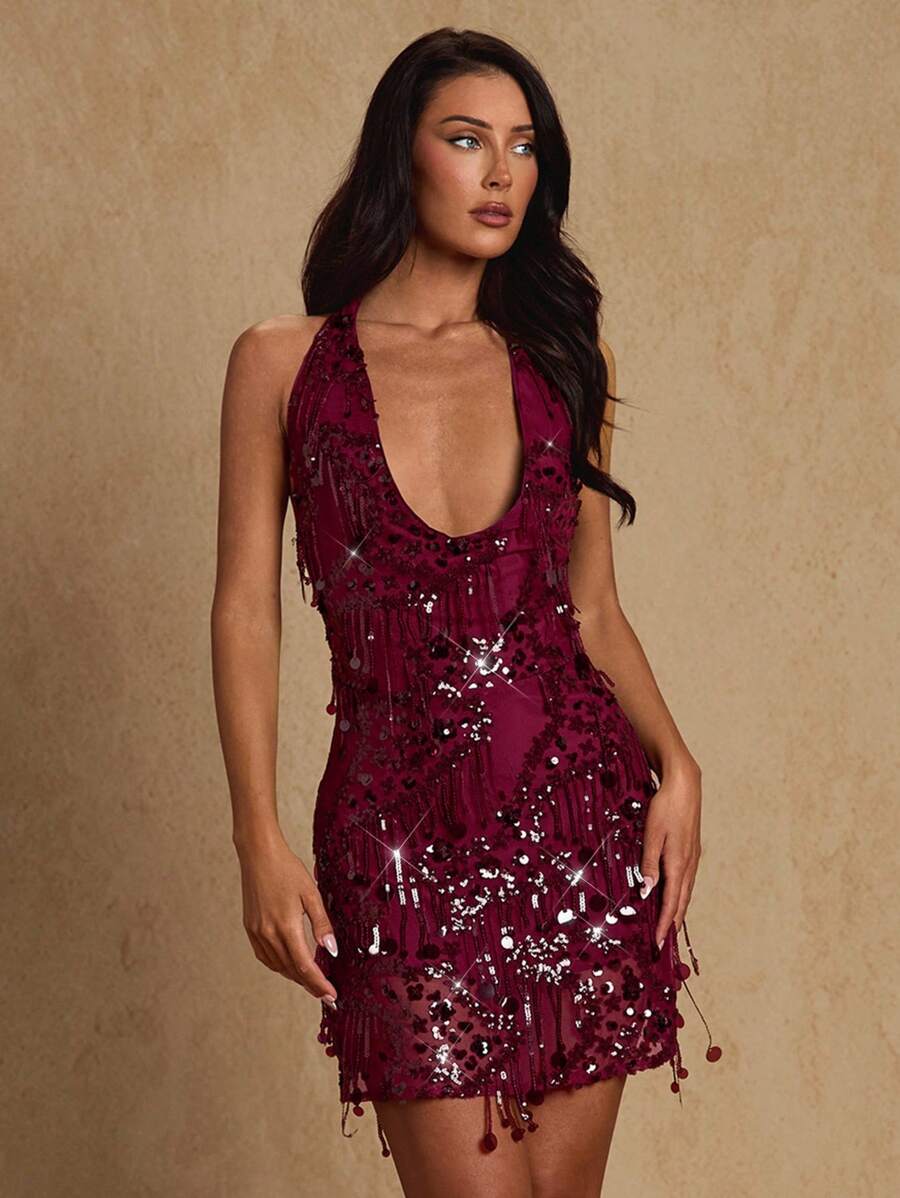 Glamine 女装夏季新款度假迷你连衣裙女士夏季绿色挂脖连衣裙性感流苏装饰连衣裙 - 紅色 - 查看 1