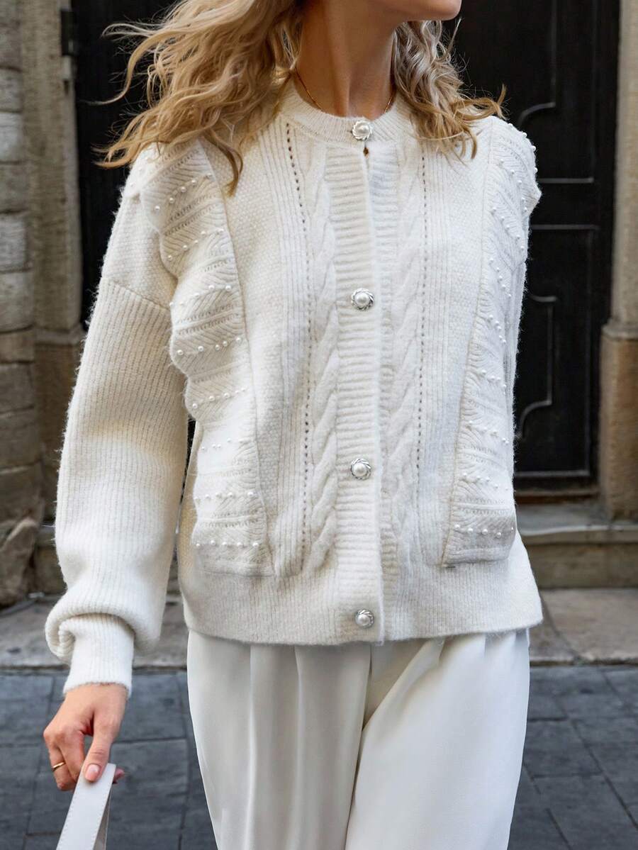 EURMUSE Cardigan à col rond en tricot torsadé avec volants et ornements de perles - Nude - Voir 1