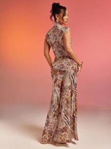 Hauture Abstract Floral Animal Print Lace Mesh Dress