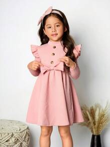 SHEIN 年轻女孩休闲复古优雅立领纹理提花纽扣系带长袖宽裙连衣裙。长袖连衣裙。秋季连衣裙。派对连衣裙。简单休闲，可爱优雅。秋季连衣裙。日常穿着。适合秋冬。 - 粉色 - 查看 4