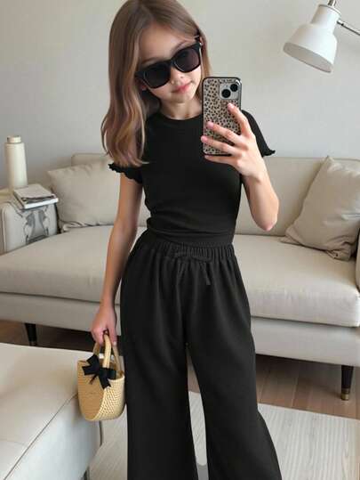 Young Girls Solid Coffee Textured Knit Side Ruched Mock Neck Snug Fit Top And Wide Leg Pant 2 Pieces Set,Summer Beach Vacation,Mom And Daughter & Sisters Matching Style ,Matching Family Vacation , Holidays, French,Cute & Elegant & Sweet & Vintage & Fashionable.Great For Casual & Daily Wear & School Daily.