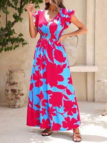 SHEIN Clasi Small Cap Sleeve Cinched Waist Ruffle Hem Maxi Dress,Bohemian Clothes - Multicolor - View 6