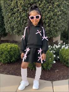 2pcs/Set Young Girl Solid Color Thermal Lined Loose Hoodie Sweatshirt And Mini Skirt Set - Black - View 6
