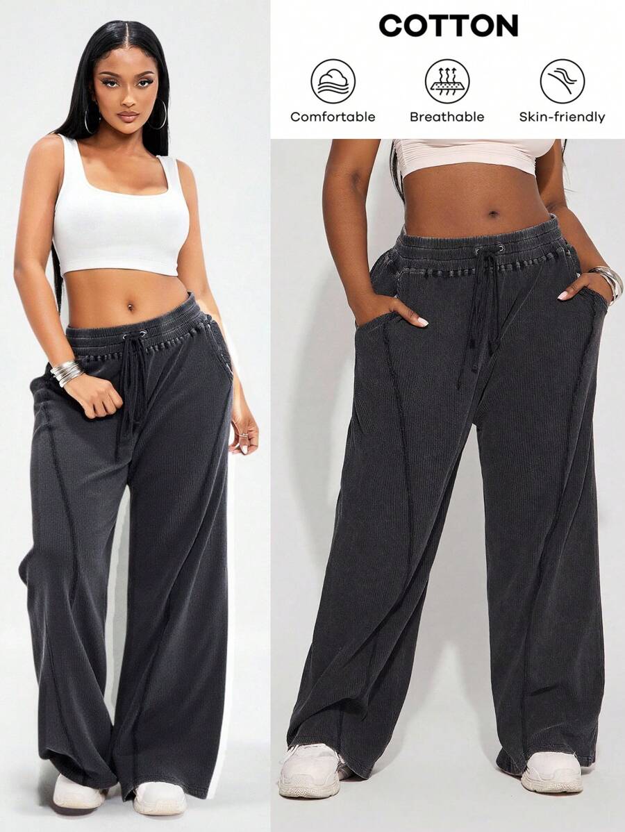 SHEIN SXY Plus Size Women's Spring&Summer Daily Basic 95% Cotton Solid Plus Size Washed Distressed Elastic Waistband Drawstring Loose Wide-Leg Sweatpants,Suitable For Everyday Wear, Country Music Concert Oversized Pants Loose Pants Baggy Pants Wide Leg Pants Black Pants,Hip-Hop,Leisure,Street Style,Western Wear,Music Festival,Vintage,Minimalism,Concert,Carnival Party,Resort,Outing,Vacation,Date Night,Gathering,Birthday,Bachelorette Party,Gyaru,Break,Rave,Modest,Chic,Club,Cute,Casual,Shopping