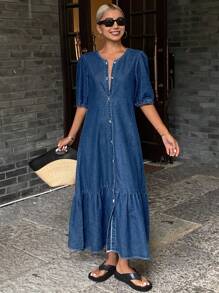 DAZY 女士优雅单排扣荷叶边宽松牛仔中长连衣裙，春夏吊带裙 - 霧霾藍 - 查看 4