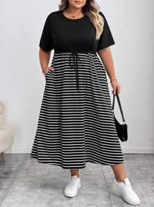 SHEIN CURVE+ Kurvenreiche Große Größen/Herbstkleidung/Herbstmode für Frauen/Winterkleidung für Frauen/Wintermode Große Größen Modische Lässig-bis-Business Elegante Free People Schulanfang, Outfit für Lehrer, Business-Profi, Pride-Bekleidung Schwarzes Kleid, Herbst, Konzerte, Damen Rundhals Taschen Mini Kleid, Gestreiftes Maxikleid