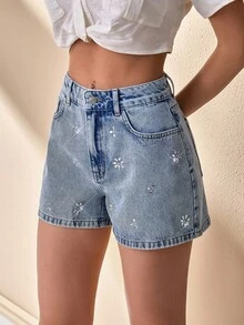 CLARA VERO Short de mezclilla mini con detalle de rhinestones a la cintura media