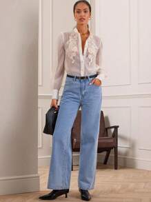 Lilora Élégante blouse femme à manches bouffantes avec col volant en fleurs 3D tissées à la main, couleur unie transparente abricot, printemps/été - Nude - Voir 5