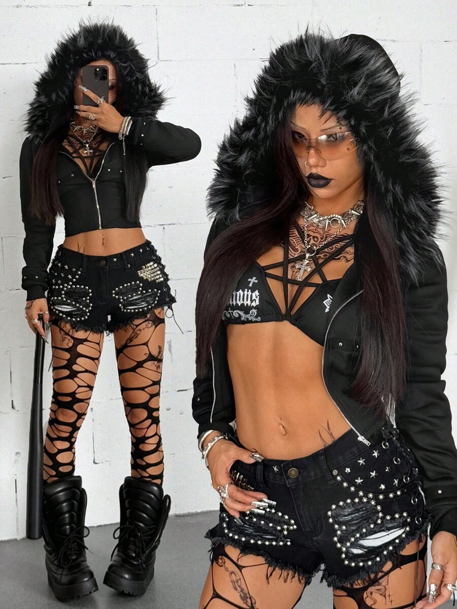 Coolane 女士冬季/四季节日嬉皮街头风休闲Y2K Grunge铆钉毛领拉链连帽卫衣黑色锐舞 - 黑色 - 查看 1