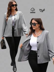 EMERY ROSE Plus Size Casual Commuter Simple Double Pocket Jacket, Suitable For Commuting, Casual Minimalist Style For Everyday Wear,Going Out, Suitable For Autumn And Winter Fall - Grey - View 3
