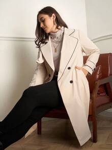 SHEIN Clasi 大码女款撞色饰边及膝风衣 - 杏色 - 查看 6