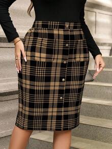 SHEIN Clasi 大码优雅通勤格子前扣修身半身裙 - 卡其色 - 查看 5