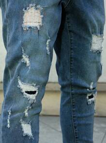 Manfinity LEGND Men's Casual Washed Distressed Slim Fit Jeans Stretch Regular Washed Slim Fit Thrashed Denim - Medium Wash - View 8