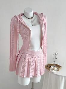 Elamini 2pcs Casual Versatile Tight-Fitting Cable Cable Knit Sweater Set Fall Winter Cloth For Women - Pink - View 4