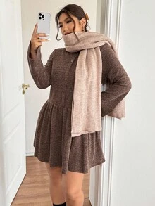 Lounesse Vestido de punto marrón de manga abierta para mujer talla grande, vestido de punto corto casual y versátil para uso diario - Marrón - Ver 6