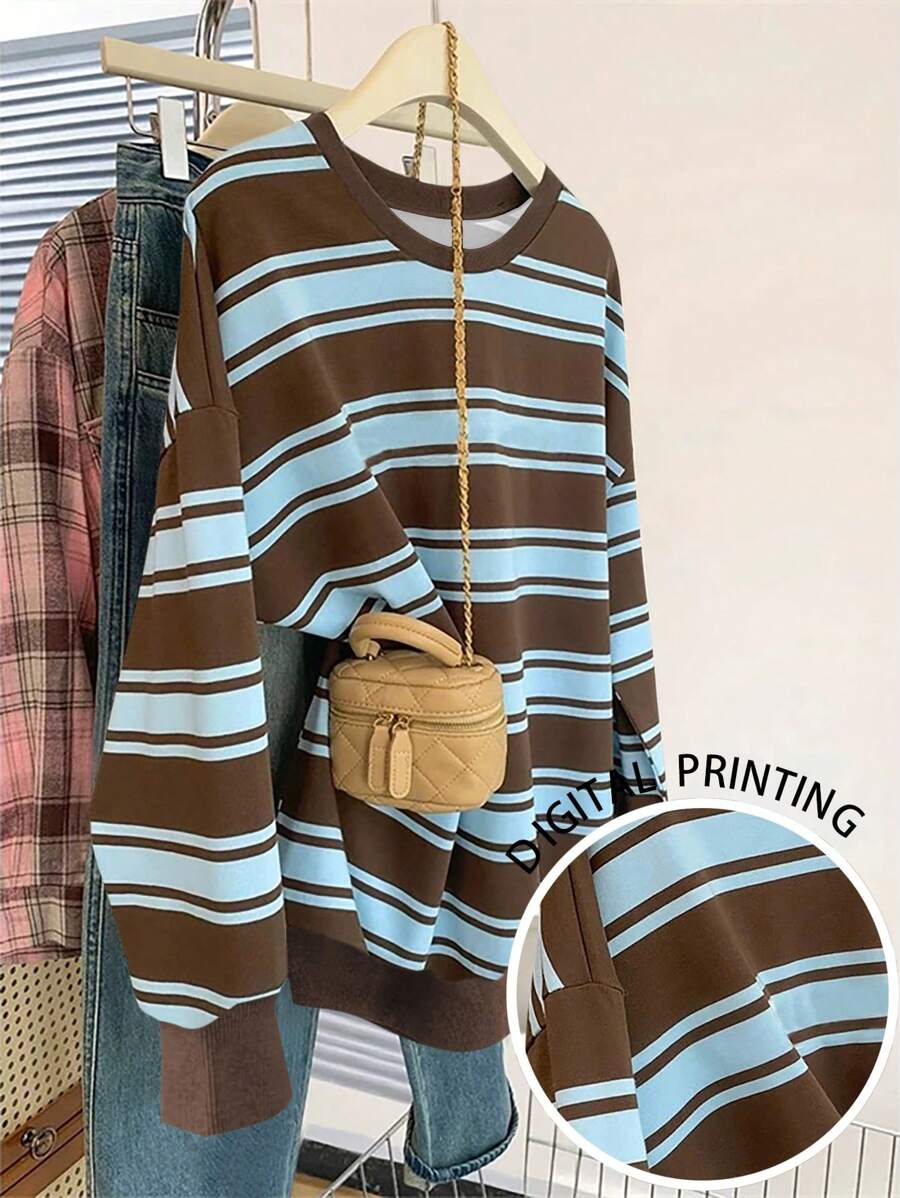 SHEIN Women's Colorful Striped Print Crew Neck Casual Sweatshirt, Long Sleeve, Autumn/Winter Pullover Fall