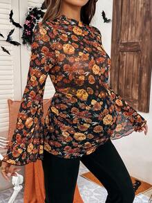 SHEIN Maternity Floral Pattern Elegant Trumpet Long Sleeve T-Shirt,Women's Boho Autumn Black Top,Babyshower Halloween Costume Bell Sleeve Fall Blouse - Orange - View 5