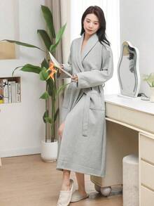 SHEIN 1 pezzo di accappatoio stile waffle, vestaglia unisex per adulti, pigiama primaverile/estivo, ad asciugatura rapida e ad assorbimento d'acqua, vestibilità morbida, disponibile in più colori, essenziale per il bagno e la casa, adatto per la stagione scolastica - Colletto verde multicolore - Visualizzare 12
