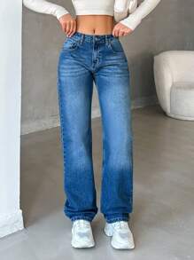 SHEIN Cottnline 100%Cotton Women's Straight Leg Jeans - Blue - View 5