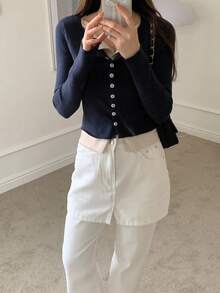 DAZY Cardigan elegant 2 în 1 pentru femei, cu mânecă lungă, în culori contrastante, toamnă/iarnă - Albastru marin - Vizualizare 3