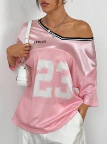 SHEIN EZwear Áo thun nữ cỡ lớn in kỹ thuật số, kiểu dáng phối mảnh, thích hợp cho mùa hè, đi học, thu, công sở, đi làm, dành cho giáo viên. - Hồng - Xem 6