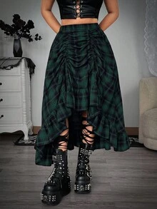 Chân váy chữ A kẻ caro lưng thun co giãn xếp ly cỡ lớn Whyspr dành cho nữ phong cách tối màu thường ngày có viền nhún bèo - màu xanh lá - Xem 5