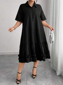Elenzga Plus Size Casual Vacation Dress With Ruffle Collar Plus Size Ruffle Dress Plus Size Dress Ruffle Dress Plus Size Plus Size Black Dress Plus Size Elegant Black Dress - Black - View 9