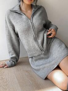 Siren Gaze Conjunto casual de 2 piezas de mujer con cárdigan de manga larga con hombros caídos y cremallera frontal, y falda midi de punto para otoño e invierno