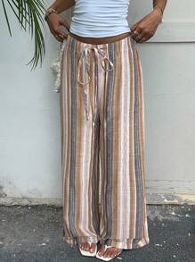 SHEIN EZwear 度假休闲彩色条纹梭织阔腿女裤 - 粉色 - 查看 6
