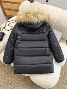 SHEIN Abrigo acolchado con capucha y puños elásticos para niñas, con cuello de piel, adecuado para vacaciones, salidas y vuelta al colegio